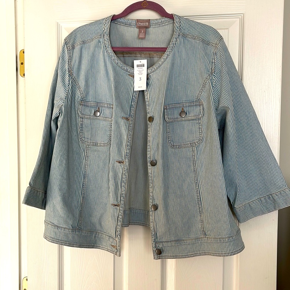Chico’s Calypso Stripes Alissa 3/4 Denim Light Indigo Jacket